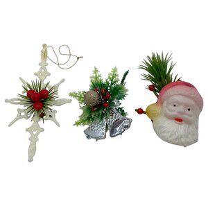 Set Of 3 Vintage Christmas Ornaments Corsage Santa Bells Snowflake Poinsettia